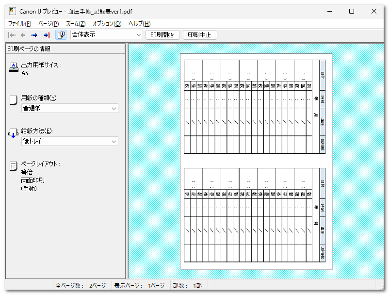 画像：記録紙の印刷プレビュー