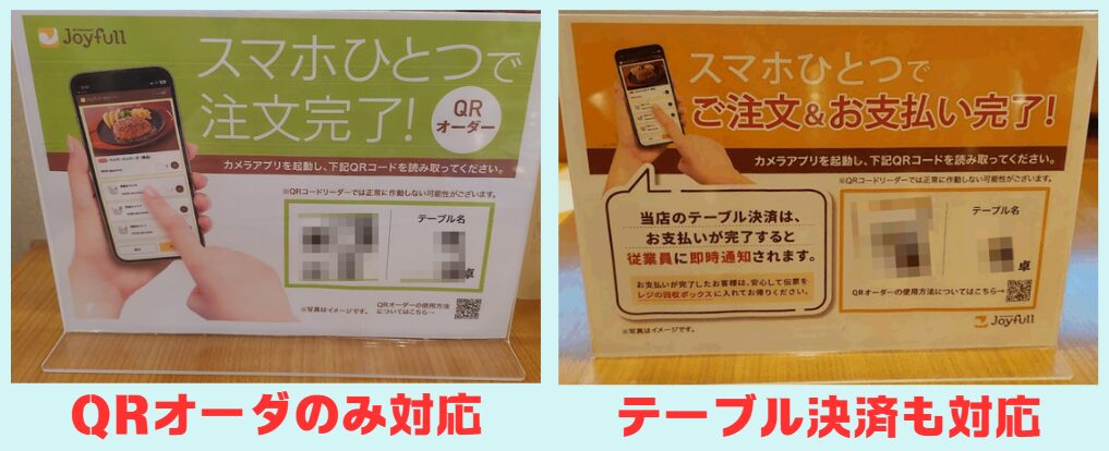 画像:テーブル決済対応と未対応の卓上POP